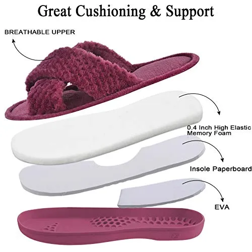 DL Women's Open Toe Cross Band Slippers, Memory Foam Slip on Home Slippers for Women with Indoor Outdoor Arch Support Rubber Sole, Purple, 5-6