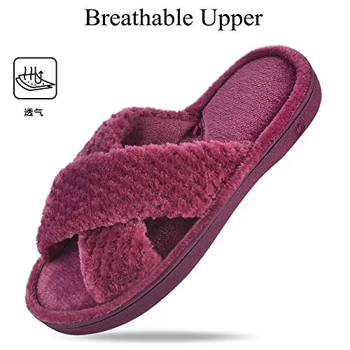DL Women's Open Toe Cross Band Slippers, Memory Foam Slip on Home Slippers for Women with Indoor Outdoor Arch Support Rubber Sole, Purple, 5-6