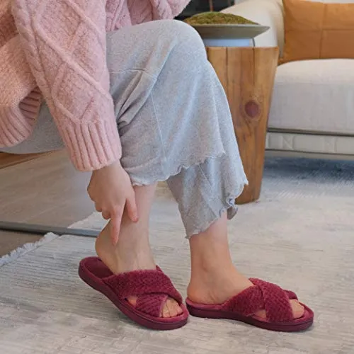 DL Women's Open Toe Cross Band Slippers, Memory Foam Slip on Home Slippers for Women with Indoor Outdoor Arch Support Rubber Sole, Purple, 5-6