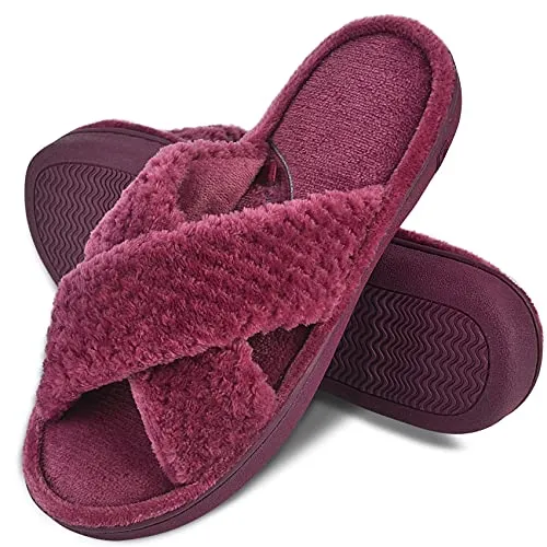 DL Women's Open Toe Cross Band Slippers, Memory Foam Slip on Home Slippers for Women with Indoor Outdoor Arch Support Rubber Sole, Purple, 5-6