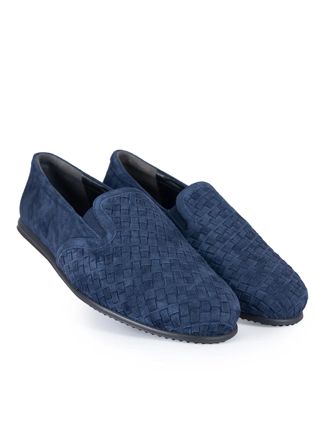Navy Suede Woven Pattern Loafers