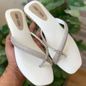 RHINESTONE STRAP SOFT LOW HEEL SANDAL - WHITE