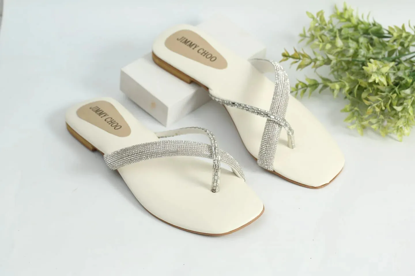 RHINESTONE STRAP SOFT LOW HEEL SANDAL - WHITE