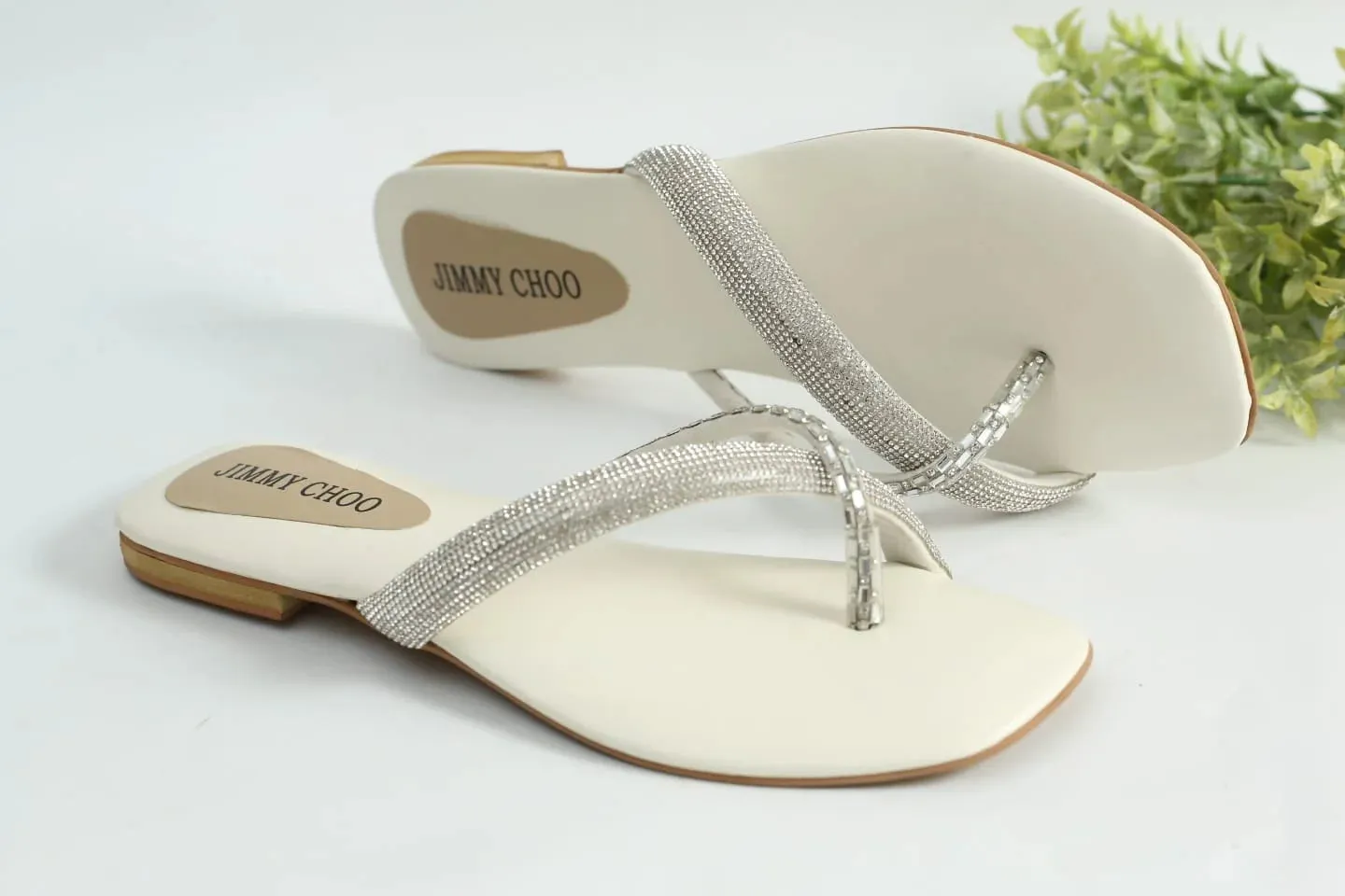 RHINESTONE STRAP SOFT LOW HEEL SANDAL - WHITE