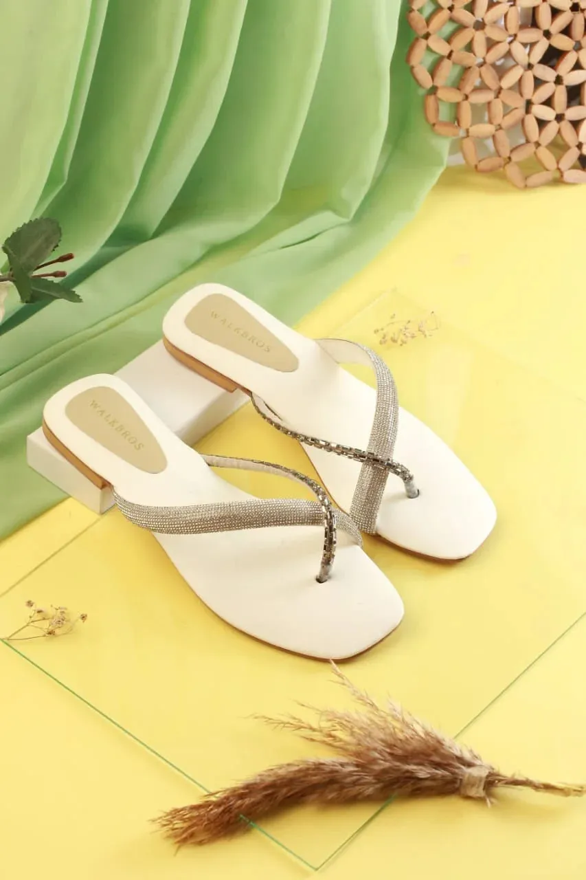 RHINESTONE STRAP SOFT LOW HEEL SANDAL - WHITE
