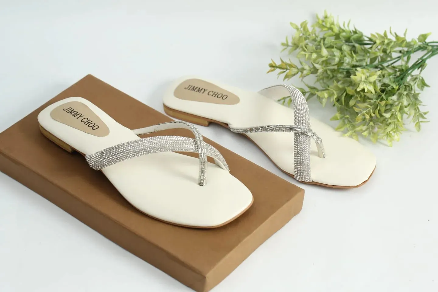 RHINESTONE STRAP SOFT LOW HEEL SANDAL - WHITE