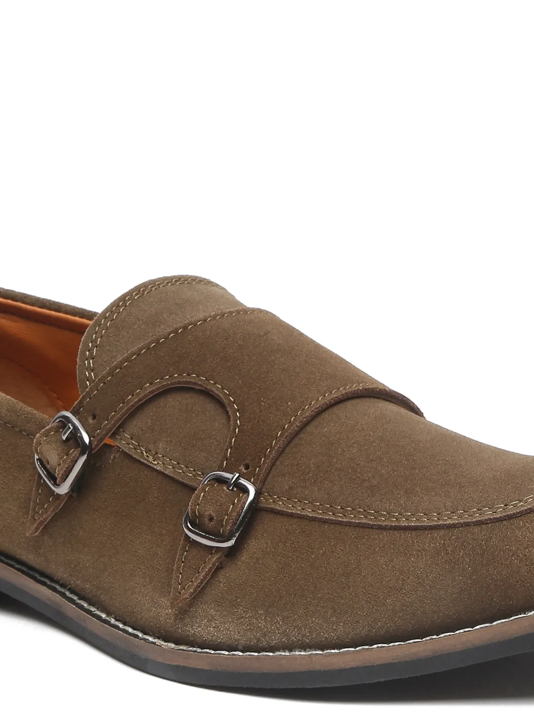 Teakwood Leather Men Solid Olive Round-Toe Monks- Clearance sale
